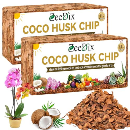 Zeedix 2 Pack Coco Husk Chips for Plants, 2.2LB | 100% Organic Coconut Chips Mulch with Low EC & PH Balance, Indoor Plant Flowers Herbs Vegetables, Reptiles Tanks Substrate - color: 2 pack