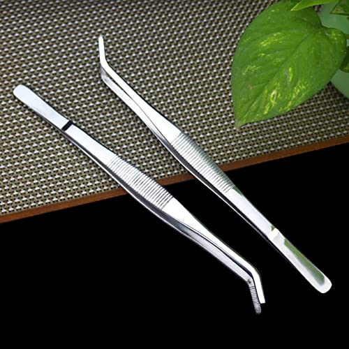 Long Forceps Tweezers, Serrated Bent Flat Tips Precision Curved Science Surgical Tongs Jewelers Needle Metal Sewing Sharp Small Kitchen Cooking Tweezers With Teeth Knurled Handles (1PCS) - color: Bent -1pcs-8inch