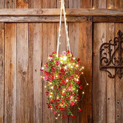 Comtelek Artificial Flowers for Outdoors Fake Hanging Plants with Lights, 4pcs Silk Flowers UV Resistant Realistic Hanging Planter Faux Flower for Outside Porch Patio Home Garden Yard Decor - size: 1 PACK - Fake Flowers + LED Lights