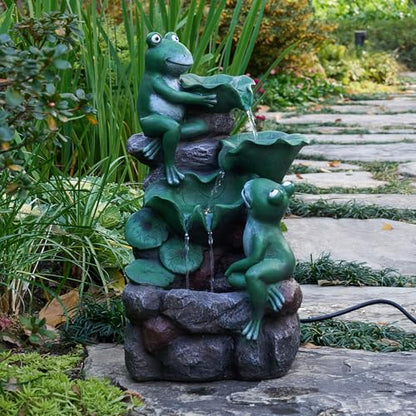 HPC Decor Outdoor 4-Tier Frog Waterfall Fountain with LED Lights for Garden, Patio, Yard, and Porch Décor, 19.9" H (Green)