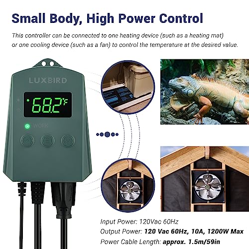 LUXBIRD Digital Heat Mat Thermostat Controller Heating Cooling 10A 1200W for Seedling, Reptiles and Brewing, Breeding, Incubation, Greenhouse, Fans, Cooling Device, 32~113℉ FCC-Certified