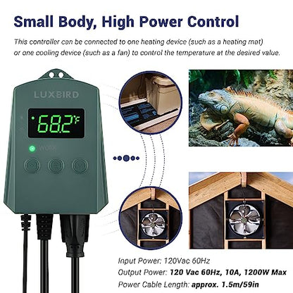 LUXBIRD Digital Heat Mat Thermostat Controller Heating Cooling 10A 1200W for Seedling, Reptiles and Brewing, Breeding, Incubation, Greenhouse, Fans, Cooling Device, 32~113℉ FCC-Certified