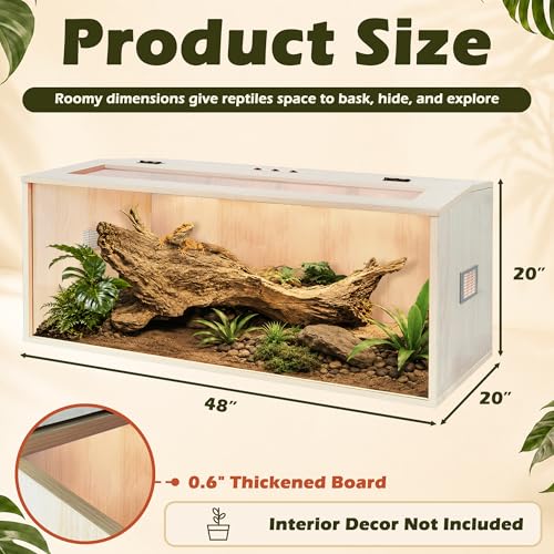 PROLEE Bearded Dragon Tank,Wooden Reptile Tank and Lizard Tank,Tempered Glass Large Bearded Dragon Enclosure with Built-in Lamp Fixture (48X20X20inch,80 Gallons) - color: Wooden Roof, size: 48X20X20inch,80 Gallons