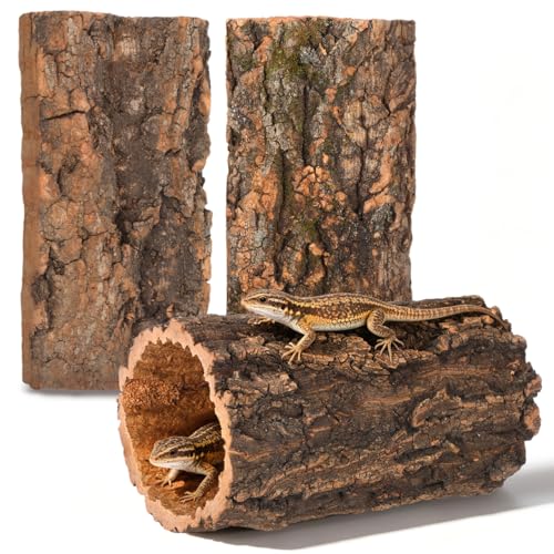 Natural Cork Bark for Reptiles - 3Pcs Reptile Hide & Terrarium Decor Set - Wood Log Rounds & Flats for Leopard Gecko, Bearded Dragon, Snake & Crested Gecko Habitat - Climbing Surface