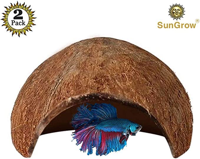SunGrow Betta Fish Caves, Habitat Made from Coconut Shell, Soft-Textured Smooth Edged Spacious Hideout for Resting and Breeding, 2 Pcs