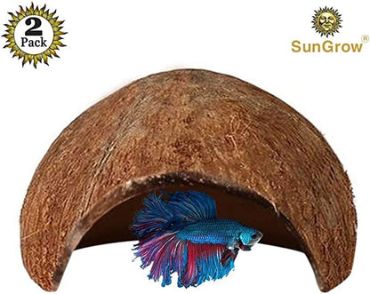 SunGrow Betta Fish Caves, Habitat Made from Coconut Shell, Soft-Textured Smooth Edged Spacious Hideout for Resting and Breeding, 2 Pcs