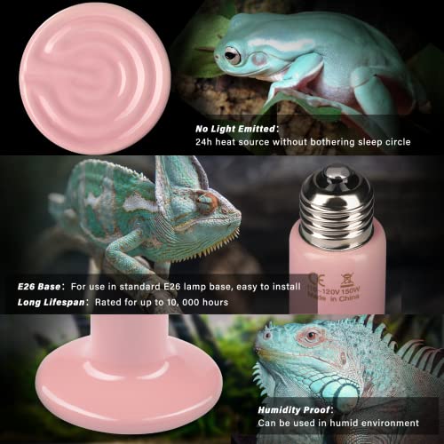 Simple Deluxe 150W Mini Ceramic Heat Emitter Reptile Heat Lamp Bulb No Light Emitting Brooder Coop Heater for Amphibian Pet & Incubating Chicken, 2 Pack, Pink - color: Pink, style: 150W