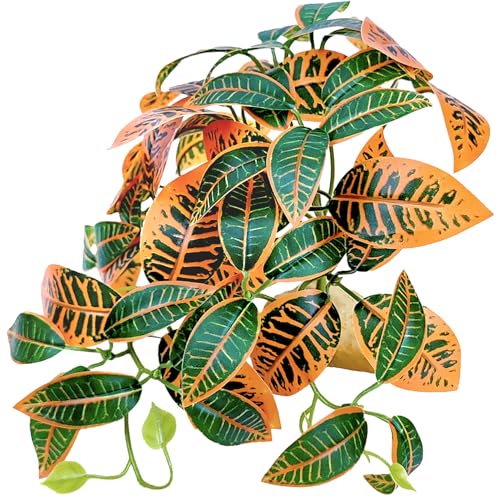 Woyrise Reptile Plants for Terrarium Decor, Ball Python Tank Accessories fit Bearded Dragon Crested Leopard Gecko Lizard Chameleon Snake Frog Tortoise Hermit Crab - Fake Codiaeum Variegatum - color: G-fake Codiaeum Variegatum