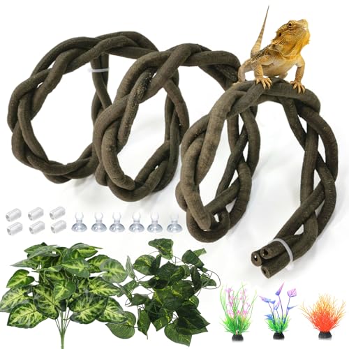 Reptile Vines,Flexible Reptile Climbing Jungle Vine Branch with Suction Cups,Bearded Dragon Terrarium Vines Leaves Plants Decor Tank Accessories for Chameleon Gecko Snake Lizard - color: Brown