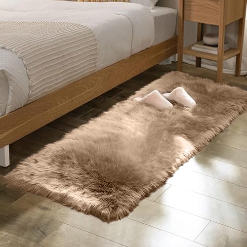 ORINOVA Beige Faux Fuzzy Area Rugs for Bedroom Machine Washable Sheepskin 2x6 Fluffy Fur Rugs for Living Room Runner Rugs for Hallway Nursery Furry Rug Home Décor - color: Beige, size: 2' x 6' (Runner)