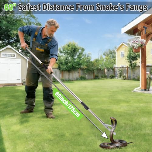 Professional Snake Tongs Reptile Grabber, 69" Heavy Duty Stainless Steel Snake Catcher with Adjustable Lock & Non-Slip Grip Foldable Humane Snake Removal Tool for Home Garden Outdoor Wildlife Control