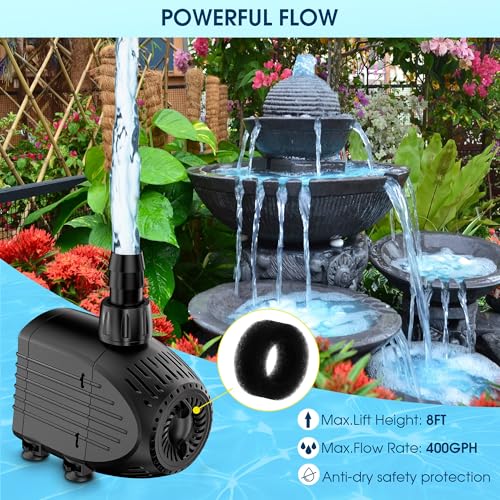 NFESOLAR Submersible Pump, 400GPH Ultra Quiet Submersible Water Pump with Dry Burning Protection 8ft High Lift for Fountains, Hydroponics, Ponds, Aquariums & More KF205 - size: 400GPH