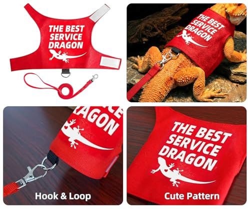 Bearded Dragon Harness and Leash Set, Escape Proof Adjustable Lizard Reptile Vest Clothes with 5.5 ft Leash for Outdoor Walking, Best Service Dragon Design
