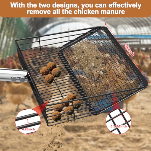 10" Width Metal Chicken Poop Scooper Heavy Duty Farm Sifting Shovel | Stainless Steel Long Handle (27.9 to 54.7") Poultry Litter Sifting Scooper for Chicken Coops Sheep Pens and Cat Litter Box