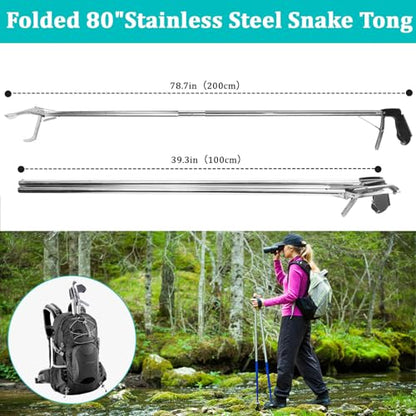 Snake Grabber Tool, 78 Inch Heavy Duty Snake Tongs, Stainless Steel Reptile Catcher Grabber with Anti-Slip Grip, Wide Jaw Multi-Function Handling Tool with Lock, Gloves
