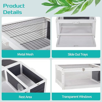 Turtle Habitat Enclosure, Large Wooden Tortoise House for Indoor and Outdoor Use, Reptile Enclosure with Openable Roof & Secure Locking System (White)