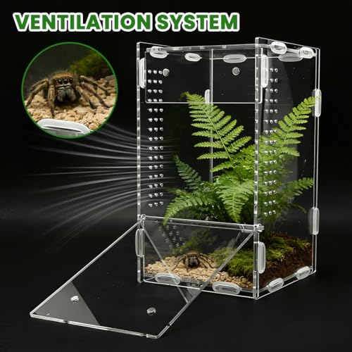 Acrylic Jumping Spider Enclosure, Reptile Enclosure, Ventilated Terrarium Cage with Front Opening Door, Habitat for Tarantulas, Mantis, Hermit Crabs & Small Pets, 4.7"X4.7"X8" (Color:Clear)