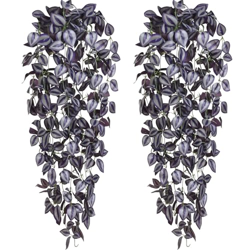 BLEUM CADE Fake Hanging Plants, 2pcs Artificial Hanging Plant, Faux Deep Purple Vines Hanging Plant for Wall Home Living Room Indoor Outdoor Halloween Decor (No Baskets) - color: Textured Leaves - Deep Purple, size: 2pcs