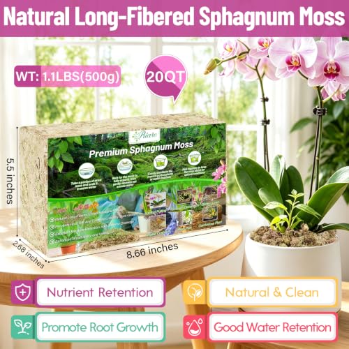 Riare 1.1 LBS Premium Sphagnum Moss- Natural Long Fibered Sphagnum Peat Moss Plants Moss Dried, Carnivorous Plants Moss Orchid Potting Mix for Orchids, Succulent, Reptiles (20QT) - size: 20QT/1.1lbs