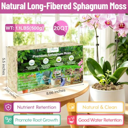 Riare 1.1 LBS Premium Sphagnum Moss- Natural Long Fibered Sphagnum Peat Moss Plants Moss Dried, Carnivorous Plants Moss Orchid Potting Mix for Orchids, Succulent, Reptiles (20QT) - size: 20QT/1.1lbs