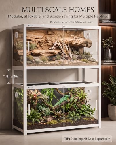 68 Gallon Reptile Tank, Snake Tank Reptile Enclosure Front Sliding Door | Stackable ventilation 68 Gallon ball python enclosure anti-escape locks and no-fingerprint handles humidify misting tubes - color: White, size: 68 Gallon