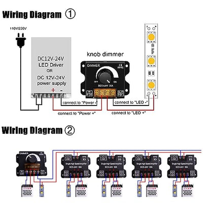 2Pack LED Dimmer Switch DC 12-24V 30A PWM Stepless Brightness Dimming Controller for Single Color LED Strip 5050/3528 Light