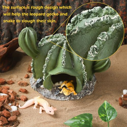 IBWell Resin Cactus Leopard Gecko Hide Reptile Cave，Desert Terrarium Décor，Bearded Dragon Hideout, Small Reptile Hide