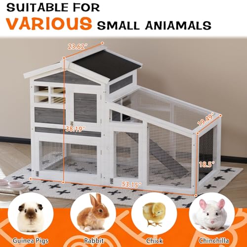 GarveeLife Rabbit Cage, Outdoor Weatherproof Bunny House Wooden, Indoor Bunny Cage with Run, Rabbit Hutch with Removable Tray, Grid Fences, Ramp 53.15" L x 23.62W 37.8" H Gray - color: Gray