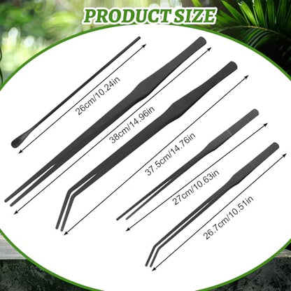 Stainless Steel Reptile Feeding Tongs with Rubber Tip，5 PCS Straight and Curved Long Tweezers Terrarium Aquascape Tools Feeder for Lizards Bearded Dragon Snake（Black）