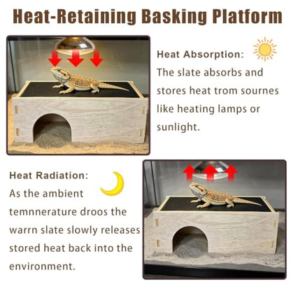 Bearded Dragon Basking Platform,Wood Gecko Hide with Basking Slate Rock,Wooden Reptile Hide Hideout Cave Terrarium Decor,Leopard Gecko Climbing Tank Accessories for Lizard,Gecko,Snake,Turtle