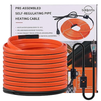 60FT Heat Tape for Water Pipes Freeze Protection IP65 Waterproof 8W/FT 110V BDDFOTO Heat Cable With GFCI Protection and Thermostat,Self-Regulating Pipe Heater for Roof/RV/Water Storage Tank - style: 60 FT