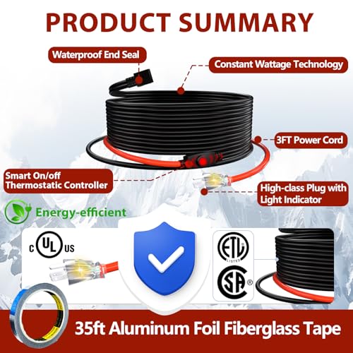 Heat Tape for Water Pipes Pipe Freeze Protect Heating Cable Constant Wattage Heating Cable Keeps Water Flowing at -40°F with 3ft Lighted Plug 3 Feet - style: 3-feet