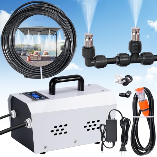 Portable Misting System, Outdoor Misting Cooling System, Misters for Outside Patio, Greenhouse, Garden, Farm, with Booster Pump and 20 Nozzles, The Device Can Regular Intermittent Work