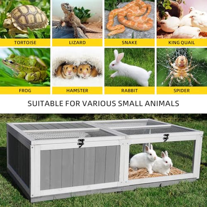 Tortoise Enclosure Outdoor Indoor Wooden Large Tortoises Habitat Box Turtle Habitat Tortoise House Bunny Rabbit Snake Hamster Reptile Terrarium Cage with Tray for Small Animals and Reptile, Grey