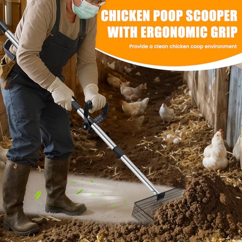 15inch Heavy-Duty Chicken Poop Scooper with Ergonomic Grip, Chicken Coop Scoop with Adjustable Stainless Steel Handle (24-70"), 4-in-1 Litter Sifting Shovel for Chicken Coop Accessories