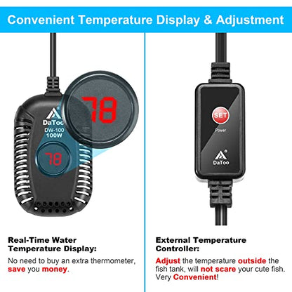 DaToo Small Aquarium Heater 100W Mini Fish Tank Heater 100 Watt Submersible with LED Temperature Display - size: 100W