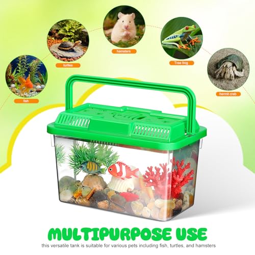 Toyvian Small Portable Fish Tank with Handle, Clear Plastic Travel Critter Carrier with Ventilated Lid for Turtles Hamsters Reptiles Small Pets