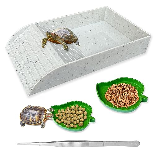 NGORAY Tortoise Feeding Dish with Ramp and Basking-Platform - Leaf Tortoise Water Food Bowls, Reptile Water Dish Amphibians Habitat, Reptile Water Bowl Fit for Amphibians with Forcep Cleaning Clip - color: Grey