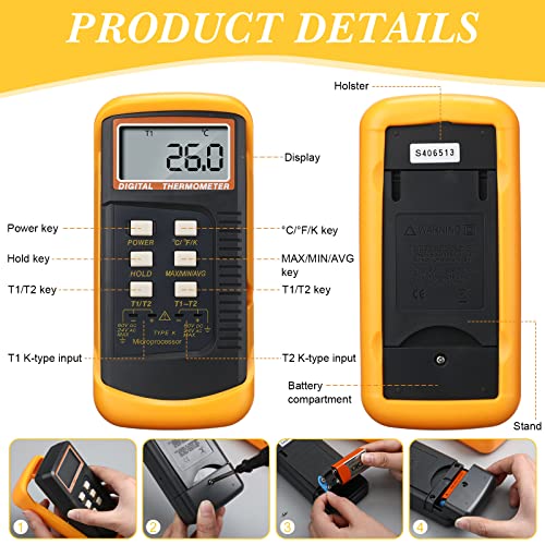 2 Pcs Thermocouple Thermometer Digital K Type HVAC Dual Channels Digital Thermometer with 8 Thermocouples Max/min Temperature Measurement, -50~1300°c (-58~2372°f) High Temperature Pyrometer