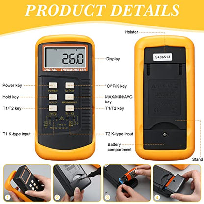 2 Pcs Thermocouple Thermometer Digital K Type HVAC Dual Channels Digital Thermometer with 8 Thermocouples Max/min Temperature Measurement, -50~1300°c (-58~2372°f) High Temperature Pyrometer