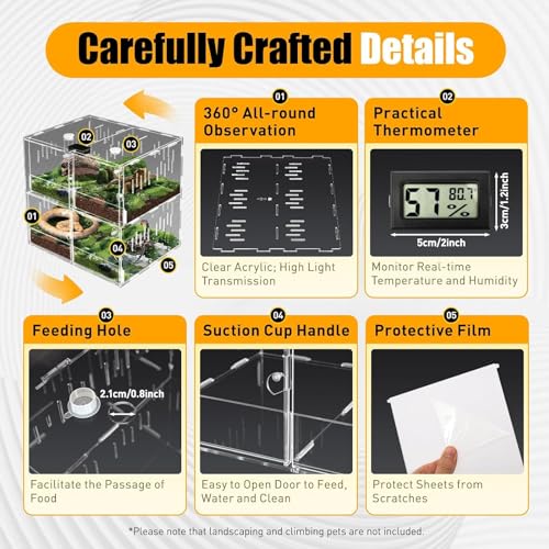Reptile Terrariums, 4 Grids Acrylic Reptile Tank, Habitat Terrarium Enclosure for Small Ground Dwelling Reptiles, Amphibians, Spiders & Other Invertebrates