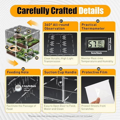 Reptile Terrariums, 4 Grids Acrylic Reptile Tank, Habitat Terrarium Enclosure for Small Ground Dwelling Reptiles, Amphibians, Spiders & Other Invertebrates