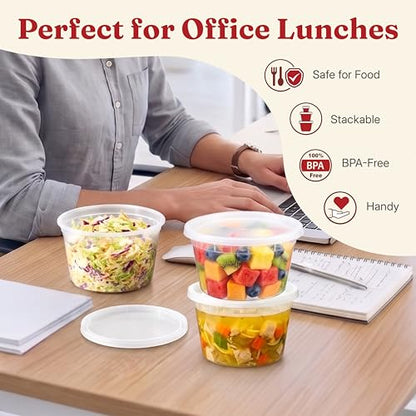 12oz Deli Containers with Lids (48 Set/96 Pcs) Small Fruit Cups with Lids, Freezer Microwave Safe, BPA-Free Stackable Airtight Leakproof Salad Dressing Condiment Dipping Sauce Cups - size: 12 oz - 48 Sets