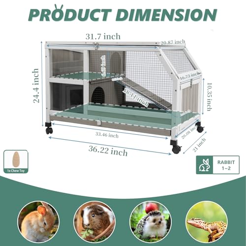 Gowoodhut Indoor Rabbit Hutch - 36''L Outdoor Wooden Bunny Hutch with Wheels Rabbit Cage Guinea Pig Cages Removable Pull Out Tray, Ramp, Hideout, Small Animals Pet House Hamster Ferret for Bunny Cage - size: 36.0"L x 21.0"W x 21.7"H