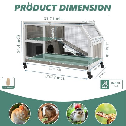 Gowoodhut Indoor Rabbit Hutch - 36''L Outdoor Wooden Bunny Hutch with Wheels Rabbit Cage Guinea Pig Cages Removable Pull Out Tray, Ramp, Hideout, Small Animals Pet House Hamster Ferret for Bunny Cage - size: 36.0"L x 21.0"W x 21.7"H