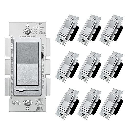 BESTTEN 10 Pack Matte Silver Dimmer Light Switch, Single Pole or 3-Way, Compatible with Dimmable LED, CFL, Incandescent and Halogen Bulb, LED Slide Dimmer Wall Switch, 120VAC, UL Listed - color: Matte Silver