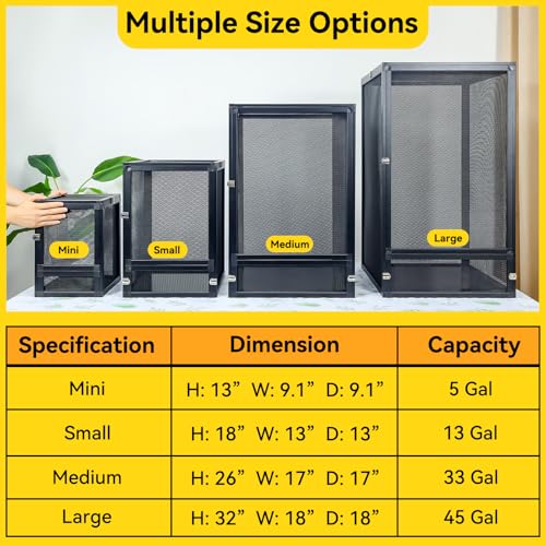 RunDuck 33 Gallon 360° Panoramic Foldable Reptile Terrarium Kit: Crested Gecko Tank and Reptile Cage for Superior Ventilation, Easy Feeding, Sturdiness, and Simple Assembly (Black, 26"x17"x17")