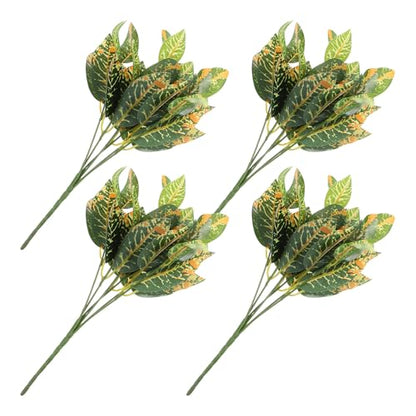 Artificial Croton Plants 4pcs 7-Branch Fake Golden Leaves Real Touch Tropical Greenery for Indoor Terrarium Decor and DIY Wreath Crafts