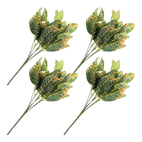 Artificial Croton Plants 4pcs 7-Branch Fake Golden Leaves Real Touch Tropical Greenery for Indoor Terrarium Decor and DIY Wreath Crafts