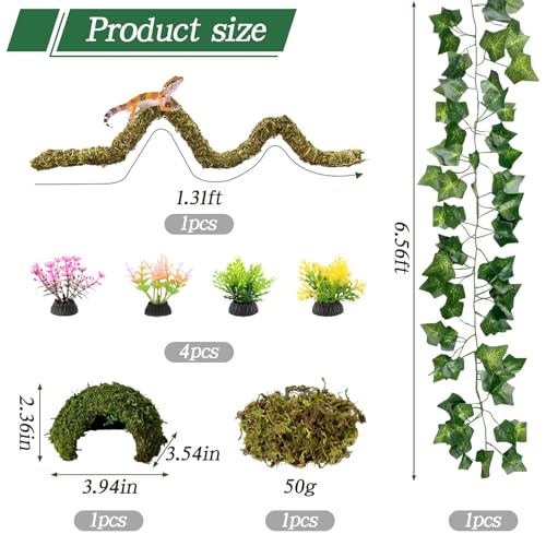 8 Pcs Reptile Hides and Caves Leopard Gecko Tank Accessories Bendable Moss Vine for Reptiles Fake Leaves Potted Plants for Terrarium Vivarium Hide